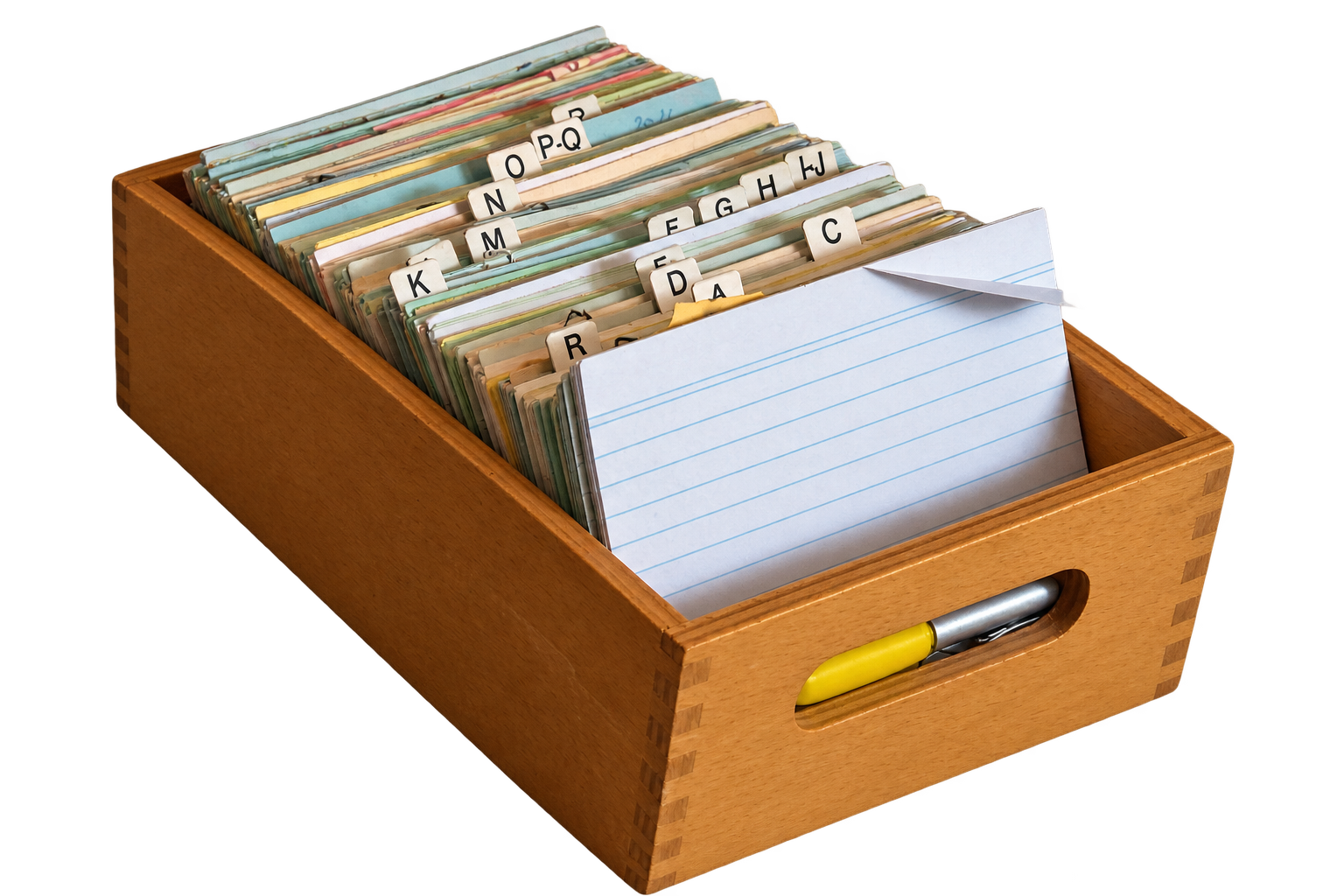 Karin’s wooden archive card box with alphabetised index cards